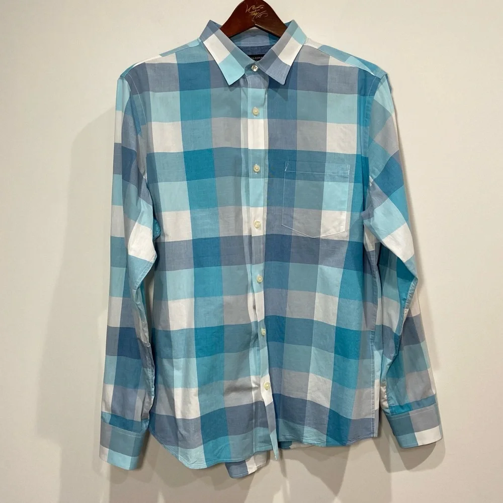 Banana Republic Men's Blue Plaid Button Down Soft Wash Slim Fit Size Large